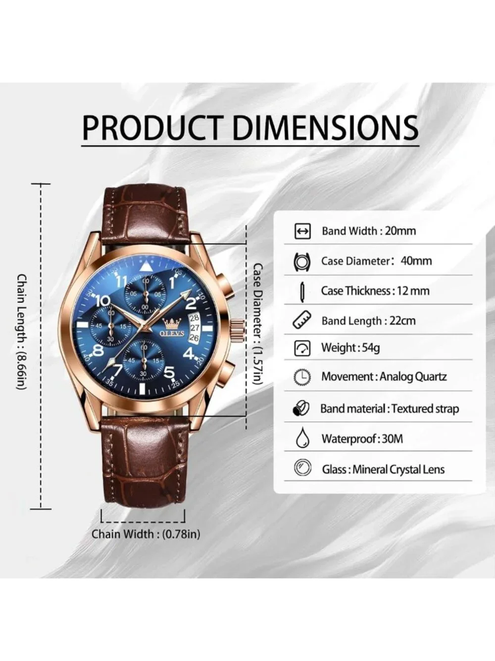 Stylish Brown Leather Men's Watch, Large Face Chronograph, Waterproof Analog